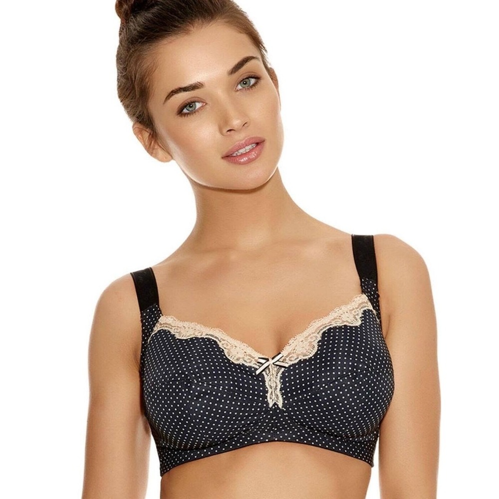 Freya Polka Dot Lace Trim Soft Cup Bra Women 30FF Black Pin Up Retro Lingerie